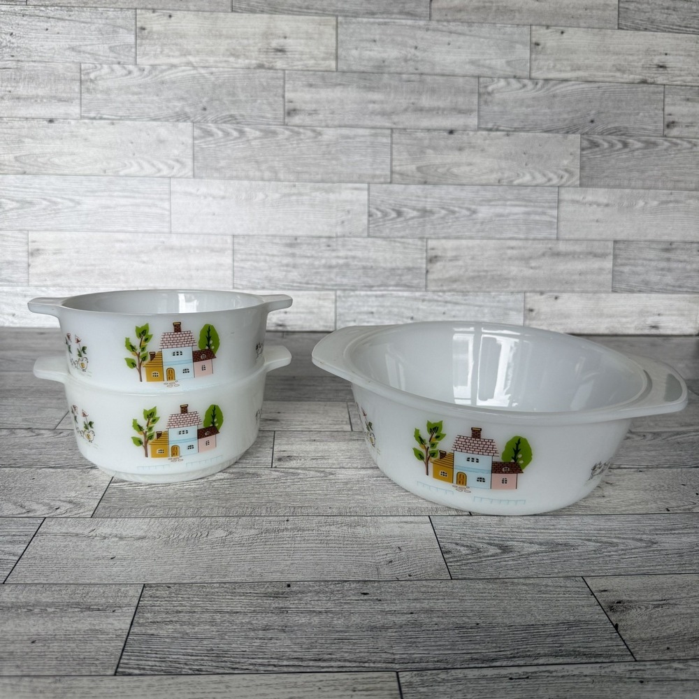 3-Piece White Milk Glass Handled Mixing Bowl Set, Farmhouse Village Multicolor